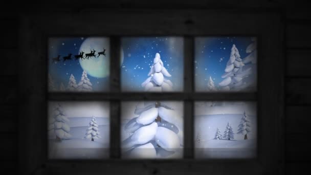 夜空の月に対する冬の風景の複数の木の上に降る雪に対する窓枠 クリスマス フェスティバルとお祝いのコンセプト — ストック動画