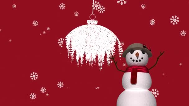 Animation Snöflingor Faller Över Snögubbe Och Jul Boll Röd Bakgrund — Stockvideo