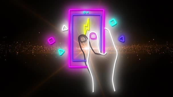 Animering Neon Smartphone Över Orange Ljus Och Våg Spel Underhållning — Stockvideo