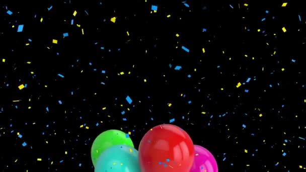 Animace Barevných Balónů Létajících Konfety Padající Přes Černé Pozadí Happy — Stock video
