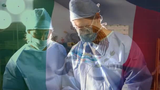在手术室里 墨西哥国旗在外科医生面前飘扬 全球医学 围产期保健服务 数码制作的19种流行病概念视频 — 图库视频影像