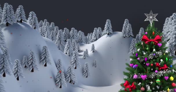 Partículas Rojas Cayendo Sobre Árbol Navidad Paisaje Invierno Sobre Fondo — Vídeos de Stock