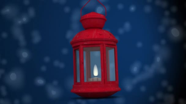 Rode Kerstlamp Tegen Witte Vlekken Blauwe Achtergrond Kerstfeest Viering Concept — Stockvideo