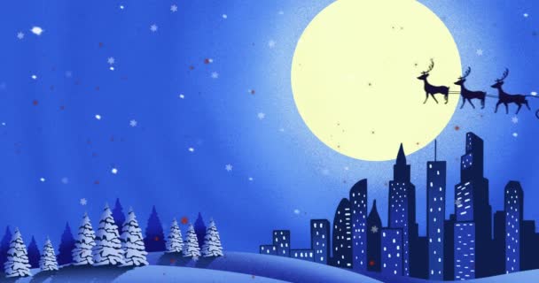 Animation Santa Claus Sleigh Reindeer Moving Moon Winter Landscape Christmas — Stock Video