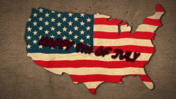 Confetti Falling Happy 4Th July Text American Flag Design Map — Stock Video