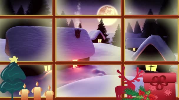 Kış Manzarası Animasyonu Pencerenin Arkasından Görülen Evler Noel Baba Kızağı — Stok video