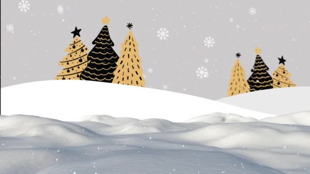 雪花飘落在冬季的风景上 映衬着灰色背景下的圣诞树图标 圣诞节的庆祝和庆祝概念 — 图库视频影像