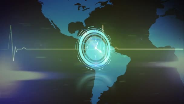 Анімація Годинника Через Монітор Серцевого Ритму Карта Світу Концепція Глобального — стокове відео