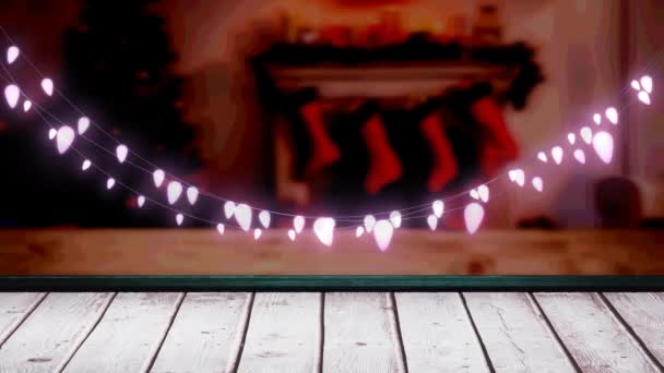 Brillante Decorazione Luce Fata Rosa Appeso Tavola Legno Strutturato Natale — Video Stock