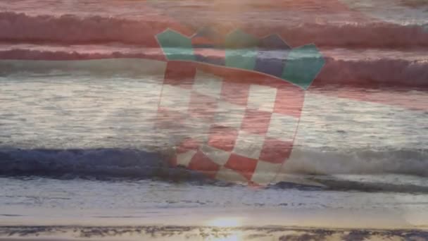 在海滩和海浪的映照下 飘扬的番石榴旗的数字组成 国家旅游和旅行概念 — 图库视频影像