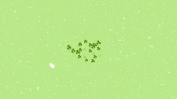 Animación Hojas Trébol Nieve Cayendo Sobre Fondo Verde Navidad Invierno — Vídeo de stock