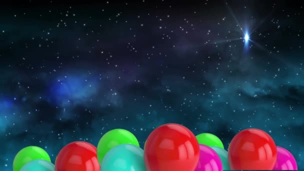 Gece Gökyüzünde Yıldızların Üzerinde Uçan Renkli Balonların Animasyonu Yeni Yıl — Stok video