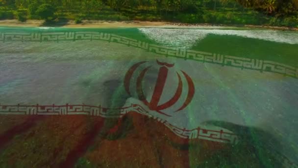 Composición Digital Ondear Bandera Irán Contra Vista Aérea Playa Las — Vídeos de Stock