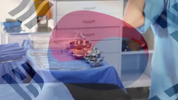 Animation Sydkoreas Flagga Viftar Över Kvinnlig Kirurg Operationssalen Global Medicin — Stockvideo