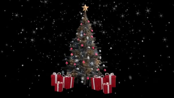 Animation Snow Falling Christmas Tree Presents Black Background Christmas Tradition — Stock Video