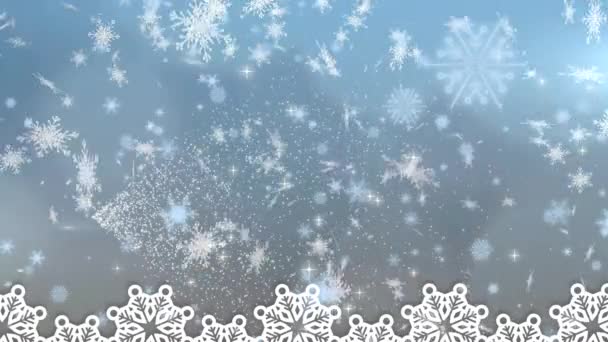 在蓝色背景上 雪花落在光斑上的数字动画 圣诞节的庆祝和庆祝概念 — 图库视频影像