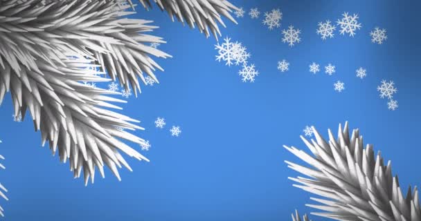 Białe Gałęzie Choinkowe Ikony Płatków Śniegu Spadające Niebieskie Tło Koncepcja — Wideo stockowe