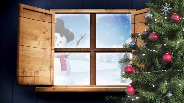 窓から見える家や雪だるまと冬のクリスマスシーンのアニメーション クリスマス 伝統とお祝いのコンセプトデジタルで生成されたビデオ — ストック動画