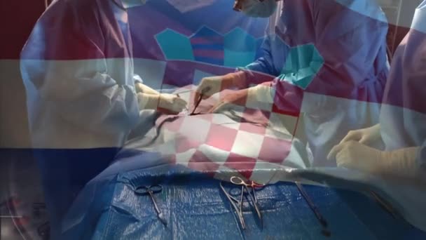 Анимация Флага Хорватии Размахивающего Над Хирургами Операционной Глобальная Медицина Медицинские — стоковое видео