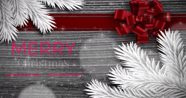 木の背景に白いモミの木と陽気なクリスマスと幸せな新年のテキストのアニメーション クリスマス 伝統とお祝いのコンセプトデジタルで生成されたビデオ — ストック動画