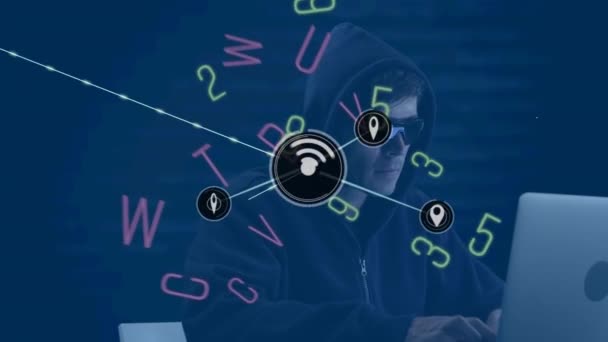 Jaringan Ikon Digital Dan Perubahan Alfabet Dan Angka Terhadap Hacker — Stok Video