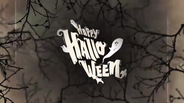 Glad Halloween Text Med Spökikon Mot Läskiga Träd Grenar Grå — Stockvideo