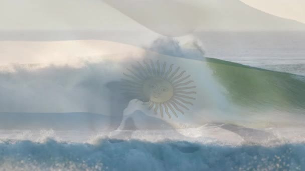 Composição Digital Bandeira Argentina Acenando Contra Vista Aérea Das Ondas — Vídeo de Stock