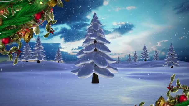 圣诞装饰品的动画和飘落在冬季风景之上的雪 圣诞节 传统和庆祝概念数字制作的视频 — 图库视频影像
