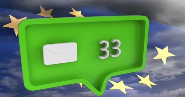 Avrupa Birliği Bayrağıyla Konuşma Balonunda Numaralar Olan Mesaj Simgesi Animasyonu — Stok video