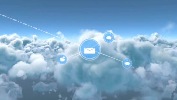 Mavi Gökyüzündeki Bulutlara Karşı Dijital Simgeler Ağı Küresel Oluşturma Bulut — Stok video