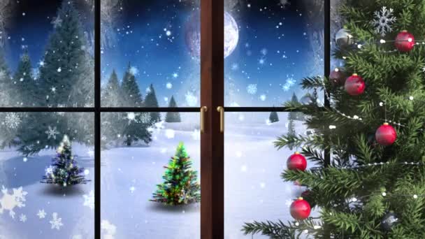 Animering Julgran Och Fönster Över Vinterlandskapet Jul Vinter Tradition Och — Stockvideo