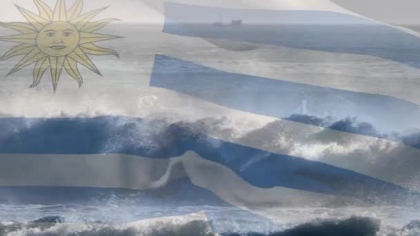 Цифрова Композиція Махаючого Прапора Уругваю Проти Хвиль Морі Національний Туризм — стокове відео
