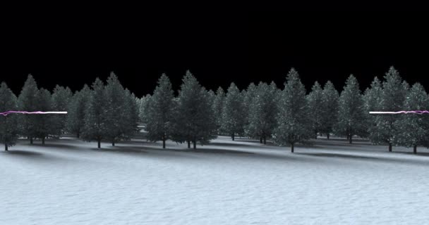 Lila Lichtspur Über Mehrere Bäume Der Winterlandschaft Vor Schwarzem Hintergrund — Stockvideo