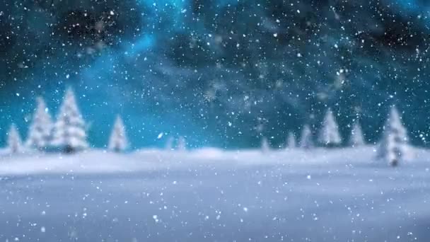 冬の風景や北の光の上に降る雪のアニメーション クリスマス 伝統とお祝いのコンセプトデジタルで生成されたビデオ — ストック動画
