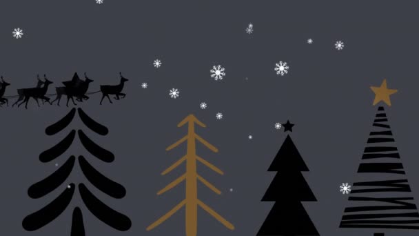 Der Weihnachtsmann Schlitten Wird Von Rentieren Gegen Christbaumsymbole Auf Grauem — Stockvideo
