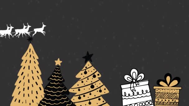 Санта Клауса Санях Тянут Олени Рождественской Елке Иконам Подарков Рождественский — стоковое видео