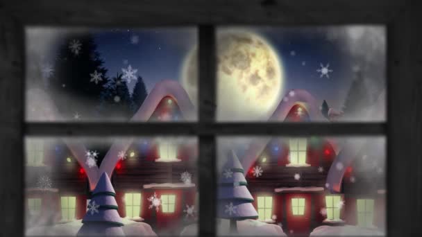 Holzfensterrahmen Gegen Schneeflocken Die Auf Mehrere Häuser Und Bäume Der — Stockvideo