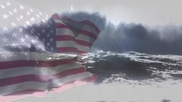 Composição Digital Acenar Nos Bandeira Contra Ondas Mar Conceito Nacional — Vídeo de Stock