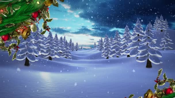 Анимация Снега Падающего Над Зимними Пейзажами Рождество Традиции Концепция Празднования — стоковое видео