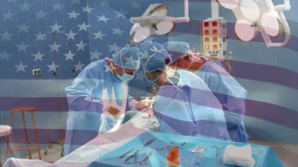 Animazione Bandiera Usa Che Sventola Sopra Chirurgo Sala Operatoria Medicina — Video Stock