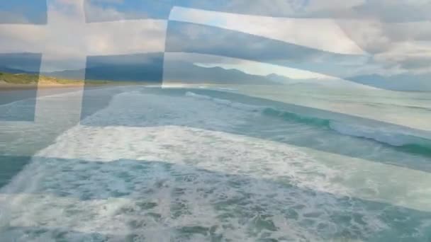 Composición Digital Bandera Griega Ondeando Contra Vista Aérea Las Olas — Vídeo de stock