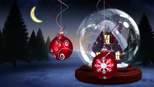 Animación Bolas Navidad Bola Nieve Con Casa Sobre Paisaje Invierno — Vídeo de stock