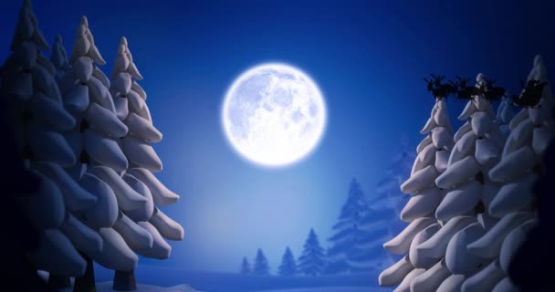 Animação Papai Noel Trenó Com Renas Sobre Lua Céu Natal — Vídeo de Stock