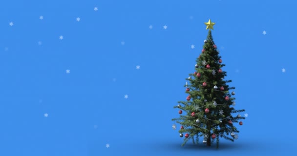 Animación Nieve Cayendo Sobre Árbol Navidad Sobre Fondo Azul Navidad — Vídeos de Stock