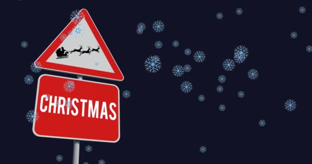 Animation Von Schnee Der Über Ein Weihnachtliches Verkehrsschild Auf Schwarzem — Stockvideo