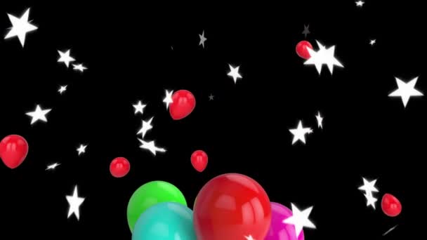 Animação Balões Coloridos Voando Estrelas Caindo Sobre Fundo Preto Feliz — Vídeo de Stock
