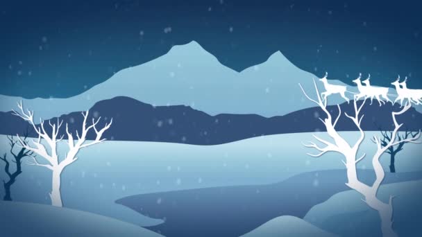 Animación Santa Claus Trineo Con Renos Sobre Nevadas Paisajes Invernales — Vídeo de stock