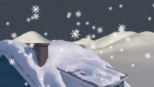 Κινούμενο Χιόνι Πέφτει Πάνω Από Την Οροφή Του Σπιτιού Στο — Αρχείο Βίντεο