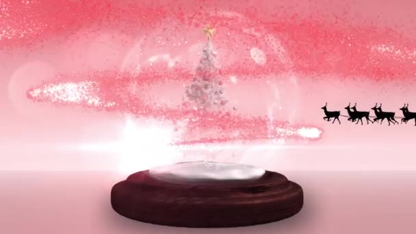 Animation Santa Claus Sleigh Reindeer Snow Globe Red Background Christmas — Stock Video