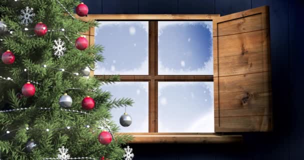 Animación Santa Claus Trineo Con Renos Vistos Través Ventana Navidad — Vídeos de Stock